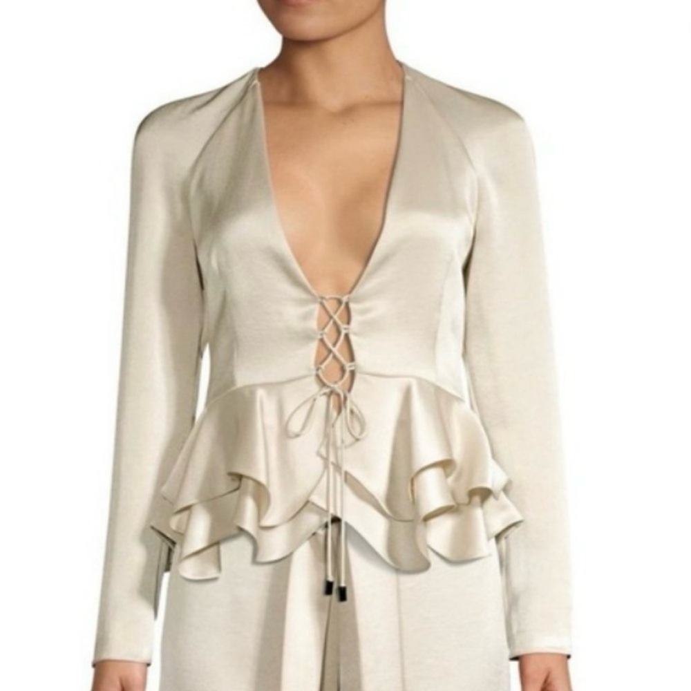 ALEXIS Reagan Lace-Up Ruffle Peplum Satin Top Blouse